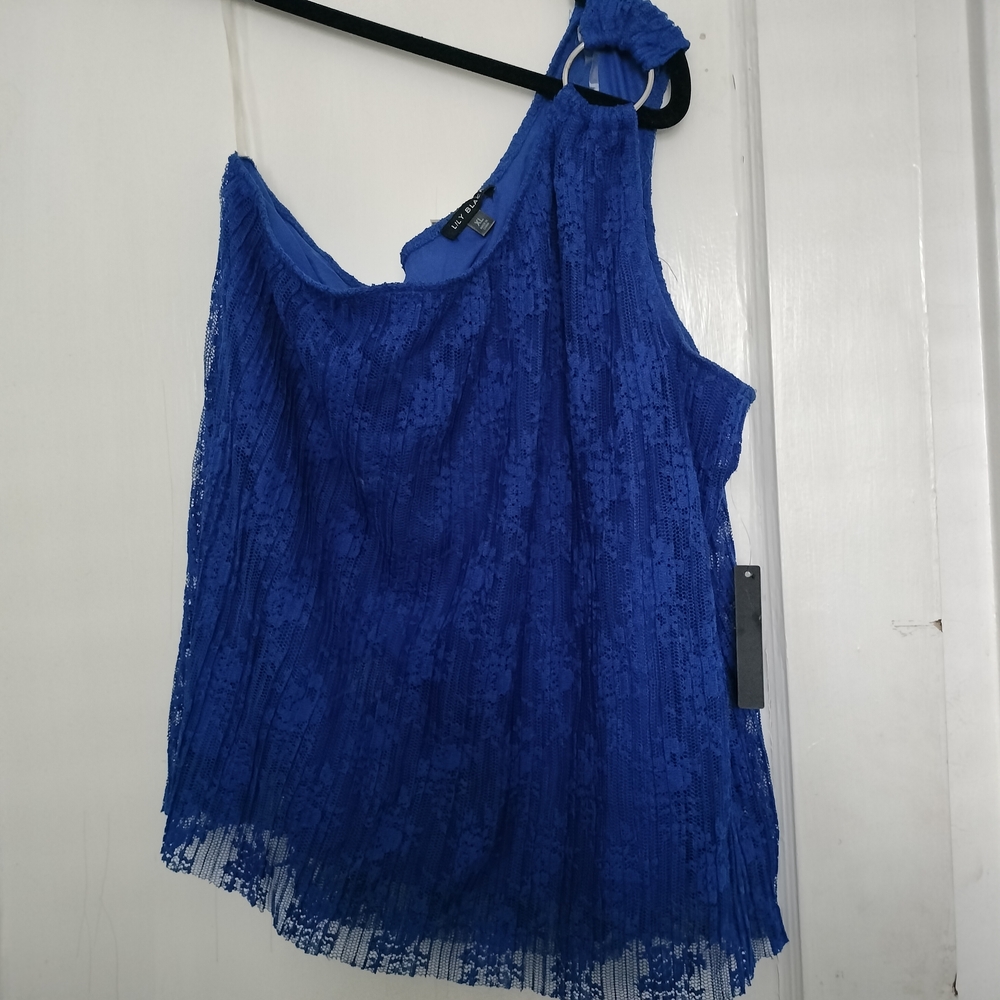New Lily Black Royal Blue Lace One Shoulder Top Size XL